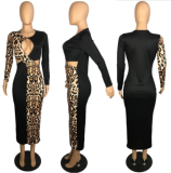 Women's long sleeve leopard print printed out color patchwork dress PY-8456