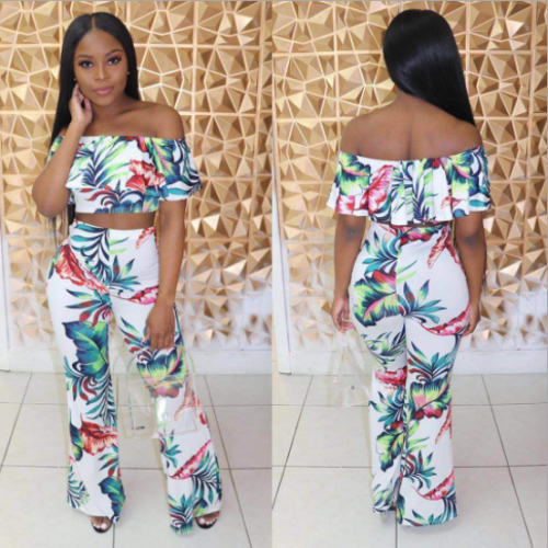 Printed off-the-shoulder casual two-piece set OYF-8047
