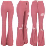 Solid color washed ripped bell bottoms CQ-5268