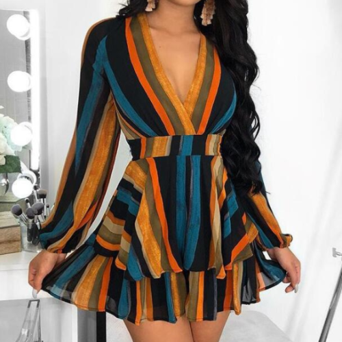 Digital printed dress with deep v-neck stripe CQ-5158