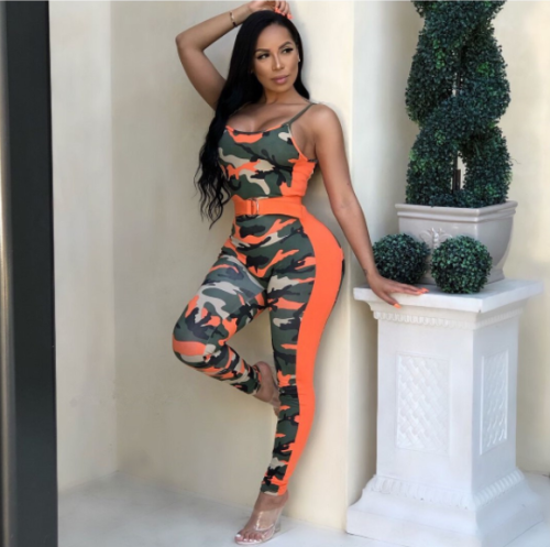Women's camouflage jumpsuit with suspenders and low chest ORY-5049