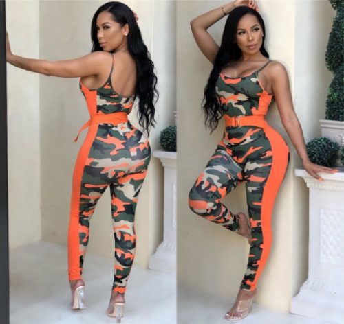 Women's camouflage jumpsuit with suspenders and low chest ORY-5049
