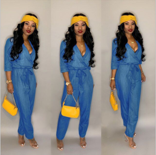 Solid healthy jeans sexy v-neck jumpsuit ORY-5078