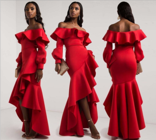Solid color bodice long sleeve dress with flounces LO-6034