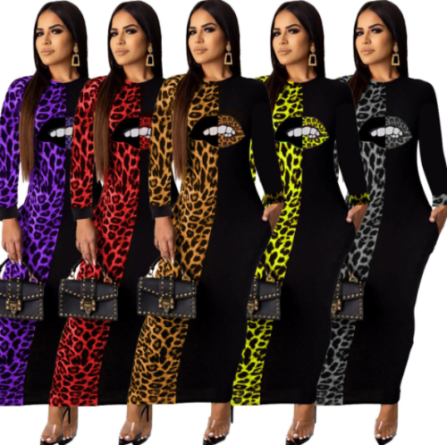 Casual lips printed long sleeve leopard print dress LO-6227