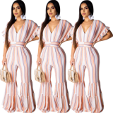 Temperamental women's striped printed jumpsuit with large sleeves LO-6182
