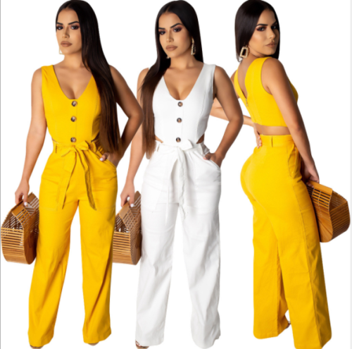 Solid button jumpsuit hot style in season  LO-6196