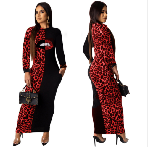 Casual lips printed long sleeve leopard print dress LO-6227