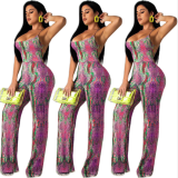 Printed snakeskin sexy jumpsuit with suspenders LO-6163