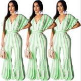 Temperamental women's striped printed jumpsuit with large sleeves LO-6182