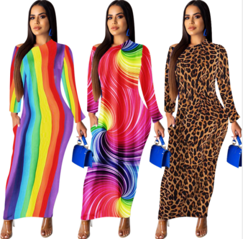 Leopard print rainbow revolving print dress MOY-5112