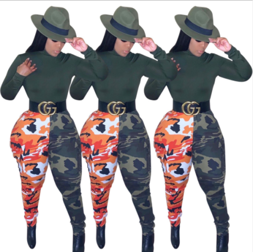 Elastic camouflage two-color patchwork pants MOY-5138