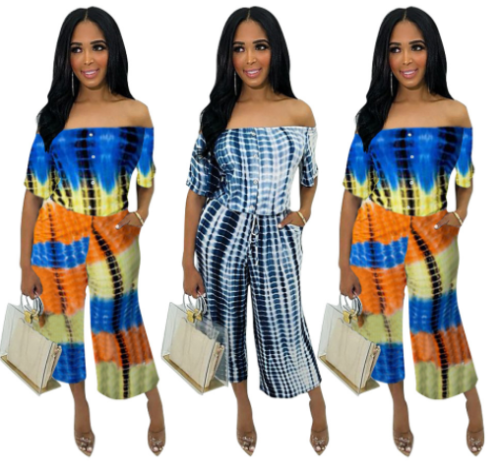 Off-the-shoulder tie-dye printing two-piece set MOY-5081