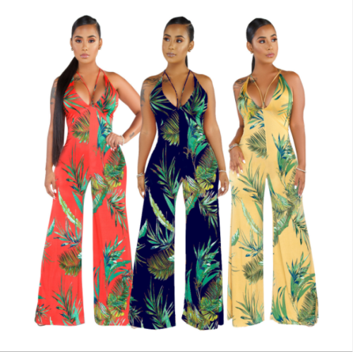 Fashionable printed women's jumpsuit with neck tie and v-neck SMR-9306