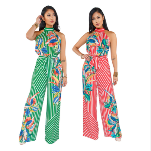 Fashionable digital print women's jumpsuit with neck and band SMR-9242