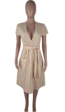 Stripe deep V short sleeve dress QYBS-5082