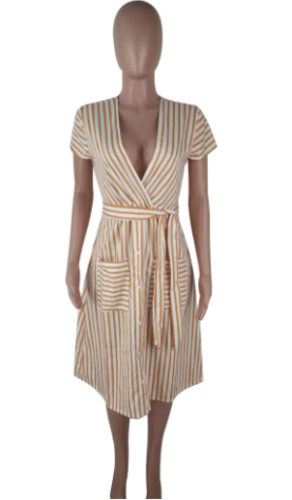 Stripe deep V short sleeve dress QYBS-5082