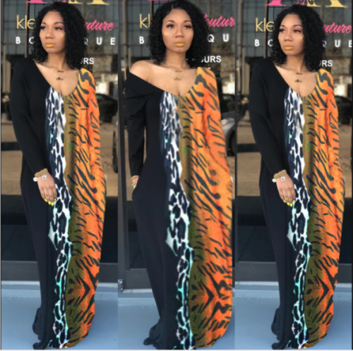 Locate printed v-neck leopard-print long-sleeved dress LA-3125