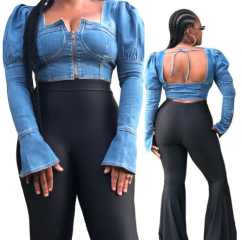 A sexy denim jacket with bubbly sleeves and a bare back LA-3151