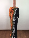 Locate printed v-neck leopard-print long-sleeved dress LA-3125