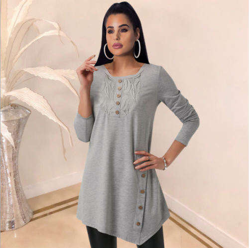 Solid colour round neck lace blouse with long sleeves SM-3907