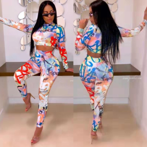 Positioning printing fashion casual two-piece set HST-7046