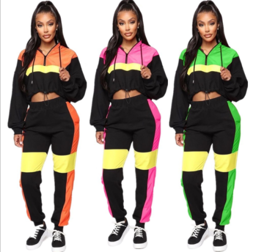Fashion contrast color drawstring hoodie two-piece suit YMT-6110