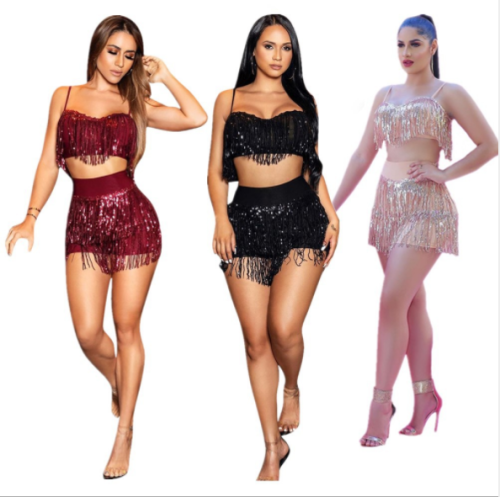 Sexy sequined tassel two-piece set YMT-6128