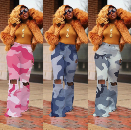 Camouflage hole hot style bell-bottom pants SHH-8063