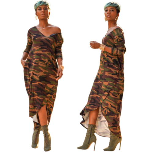 Deep V diagonal dress with long camouflage sleeves before and after SHH-8068