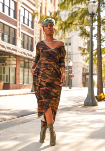 Deep V diagonal dress with long camouflage sleeves before and after SHH-8068