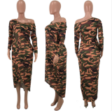 Deep V diagonal dress with long camouflage sleeves before and after SHH-8068