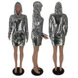 A silver sequined hooded nightclub dress LQ-5110