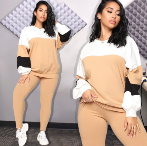Round collar loose matching color leisure sports suit TK-6038