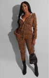 Qiu dong thick fashion sports leopard print hoodie zipper two-piece suit BS-1154