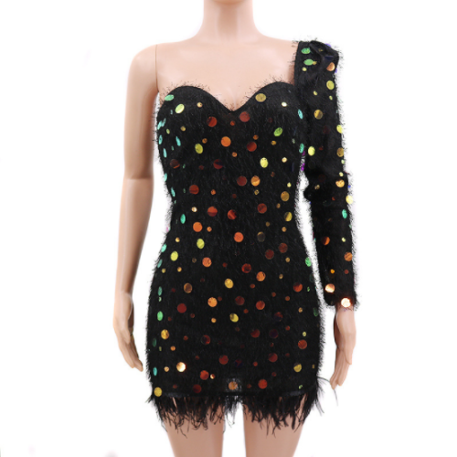 Single sleeve dress embroidered with large sequins in high elastic plush cloth CY-8265