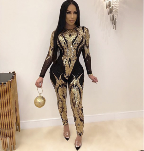Sequined high - end long - sleeve see-through jumpsuit CY-8189