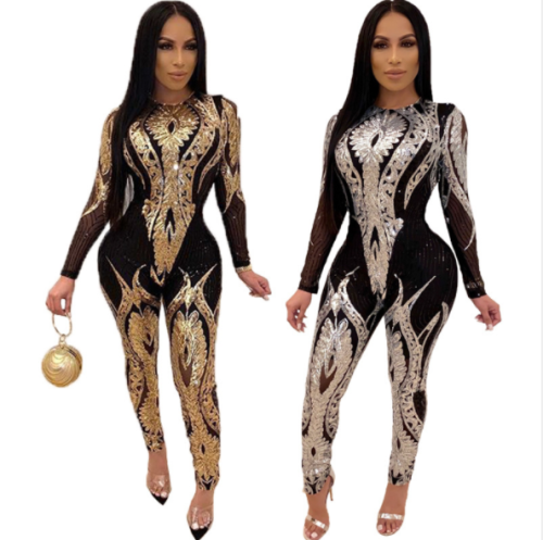Sequined high - end long - sleeve see-through jumpsuit CY-8189