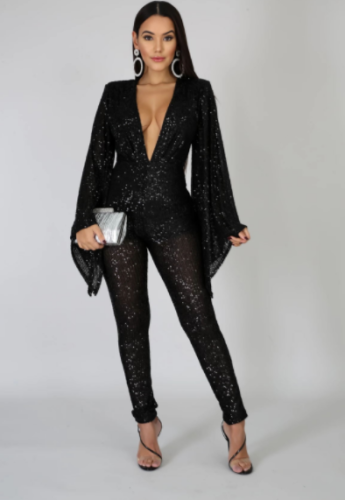 Sexy sequined deep V butterfly sleeve sequined jumpsuit CY-8220