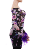 High bounce net printing with ostrich hair shoulder cover buttock sexy long sleeve dress CY-8267