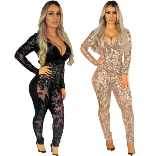 Beaded slim perspective sexy deep V neck jumpsuit CY-8272