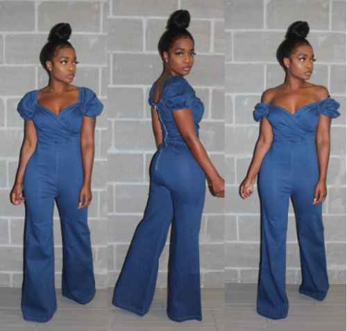 Classic sexy blue v-neck off-the-shoulder jumpsuit MOS-949