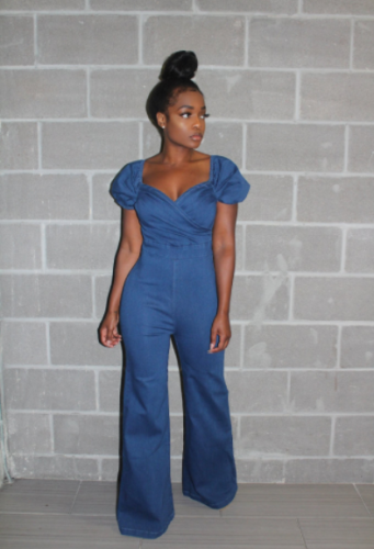 Classic sexy blue v-neck off-the-shoulder jumpsuit MOS-949