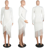 Sexy v-neck solid color long-sleeved fringe wool dress MOS-968