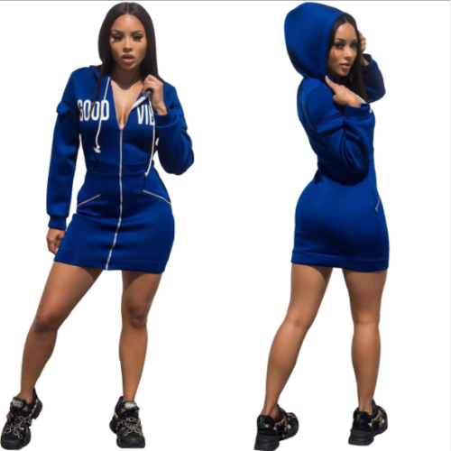 Sexy butt-wrap dress with hooded lettering and zipper MOS-978
