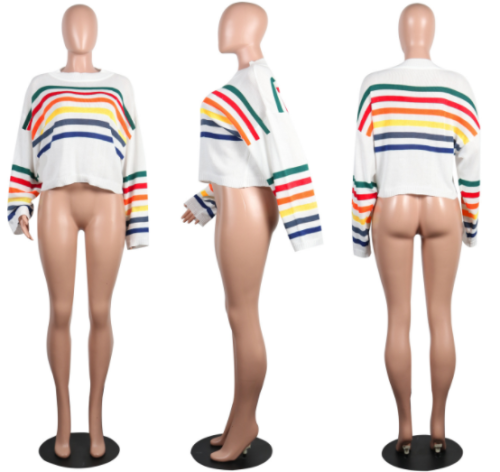 Street wear bat-sleeved rainbow strip knit sweater MOS-870