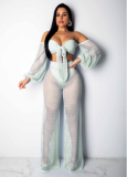 Hollow-out wrapped chest lantern sleeve wide leg pants two sets of beach MOS-883