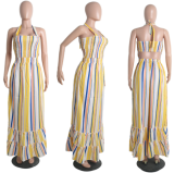 Hot style dress with neck, backless color stripe and chest wrap MOS-936