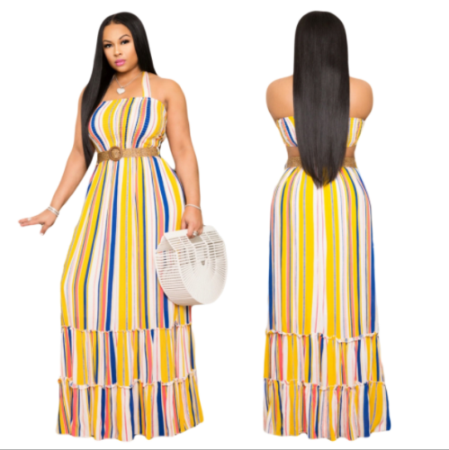 Hot style dress with neck, backless color stripe and chest wrap MOS-936