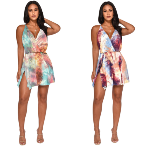 Multi-colored halter dress with suspenders MOS-907
